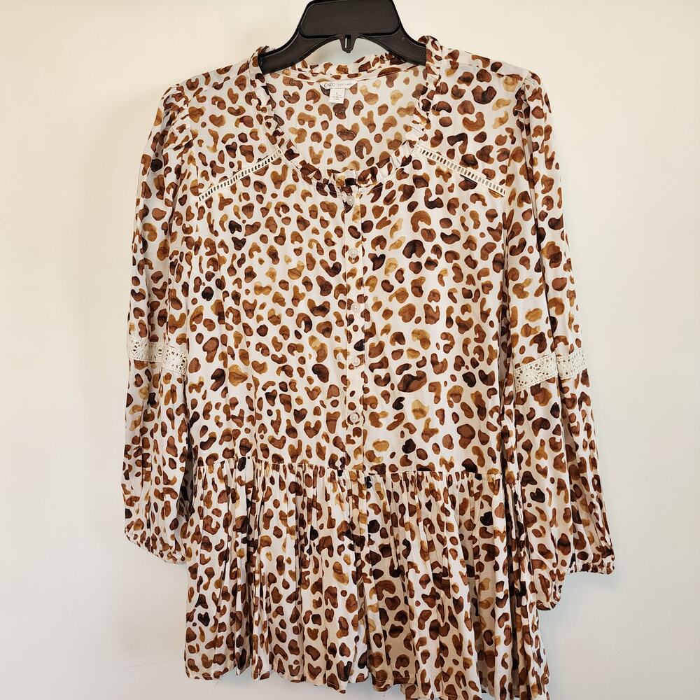 Cato Animal Print Top Tunic Lace Sleeve Ruffle Hem Button Front Lightweight LG